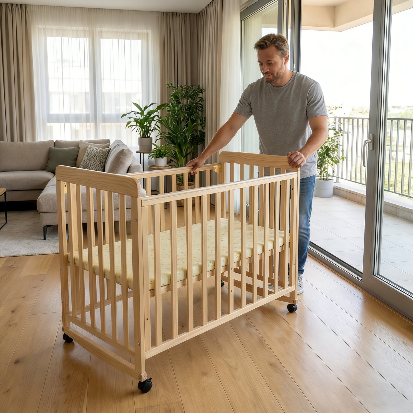 Wooden Baby Cot with Wheels