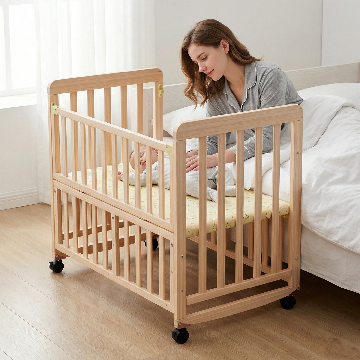 Wooden Baby Cot with Wheels