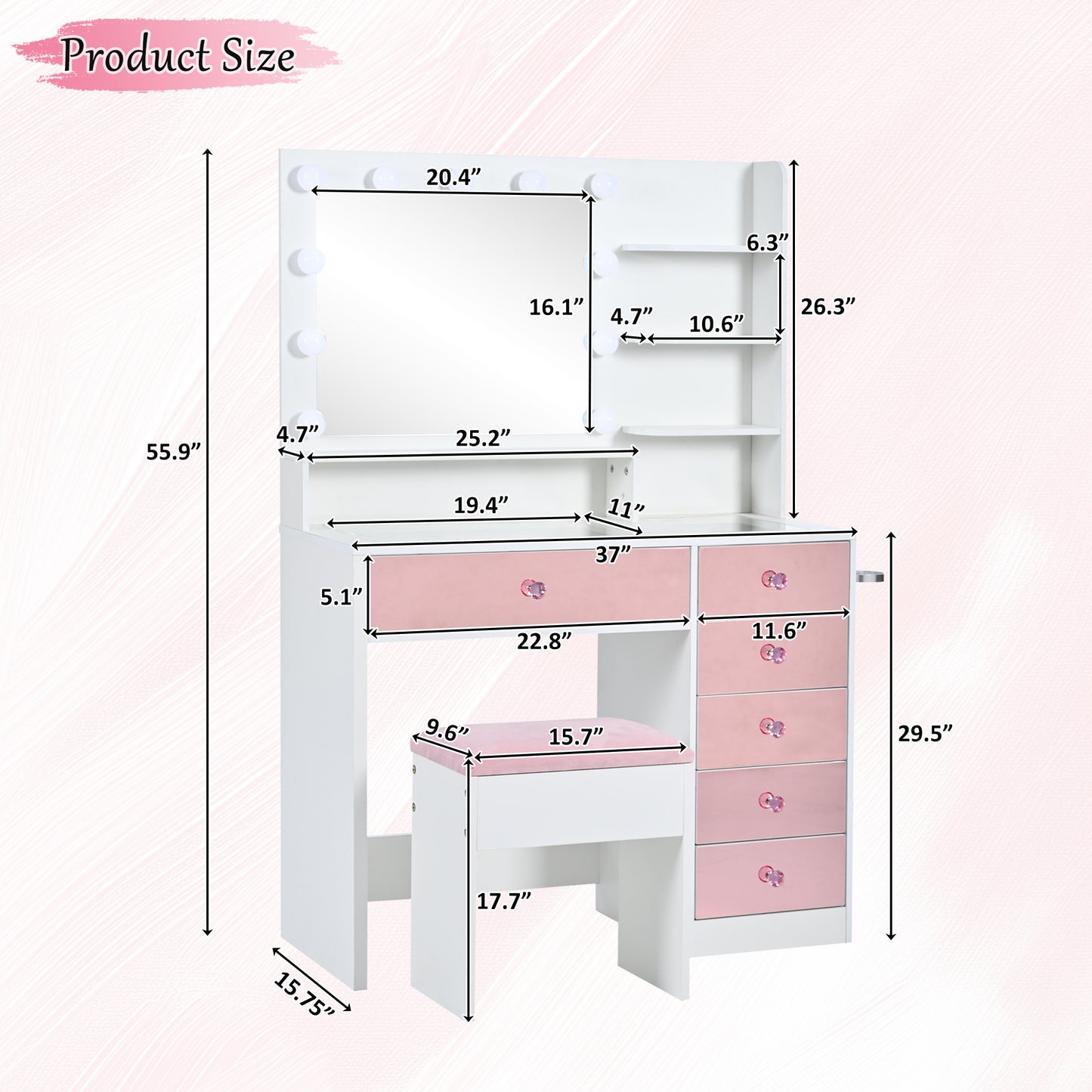 Pink Lighted Makeup Vanity Desk with Stool