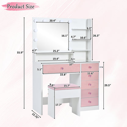 Pink Lighted Makeup Vanity Desk with Stool